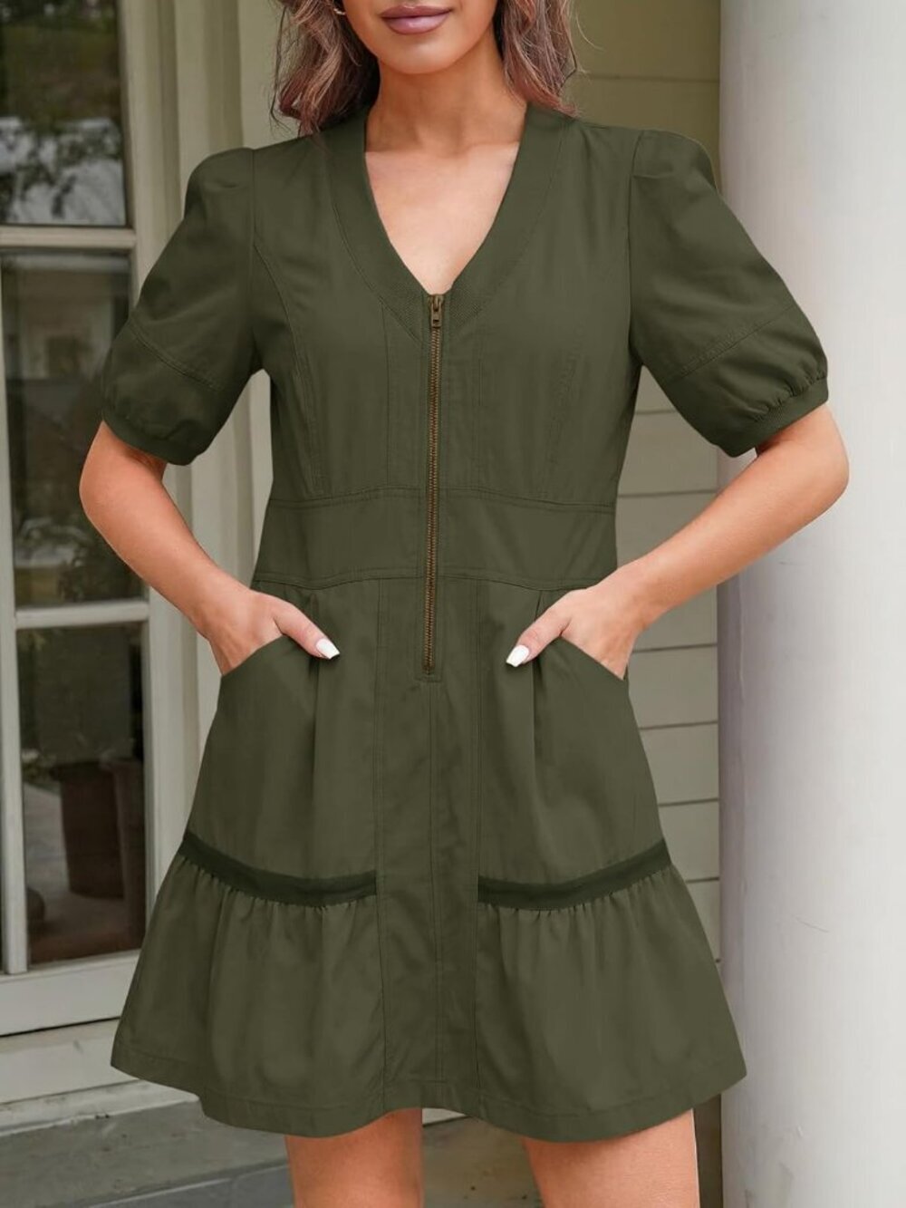 Women's Army Green V Neck Loose Mesh Back with Short Sleeve Half Zip Mini Dress - Picture 2 of 5